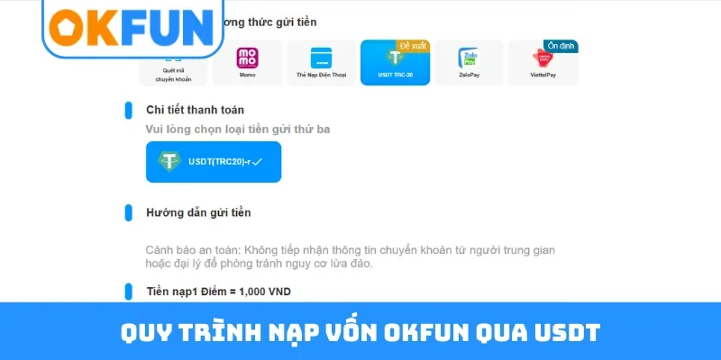 Quy trình nạp vốn OKFUN qua USDT